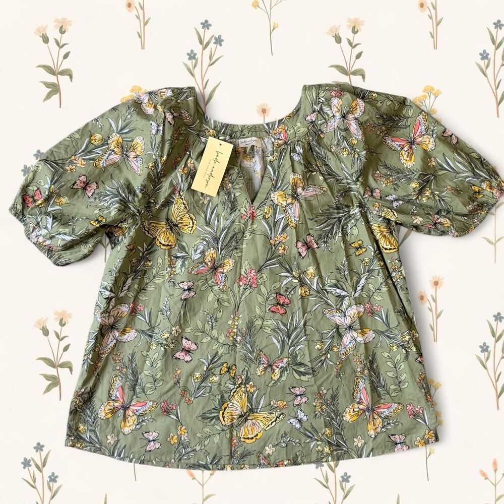 NWT Sage Green Floral Butterfly Puff Sleeve Cotton Flowy Blouse / Peasant Top Lg